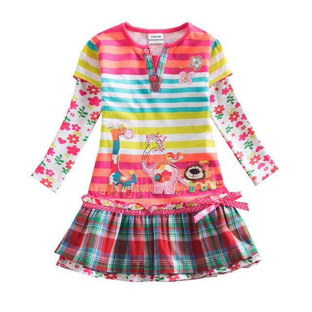 VIKITA Girls Cotton Dress Long Sleeve Children Patchwork Vestidos Kid Dresses