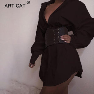 Articat Elegant Short Women Shirt Dress Casual Lantern Sleeve Single Breasted Mini Dress Turn-down Collar White Sexy Party Dress