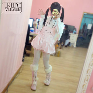 Super Cute Girls Pink Rabbit Bunny Ears Overall Shorts Lolita Dungarees Rompers Adjustable Length Jumpsuit Overalls Playsuit 23