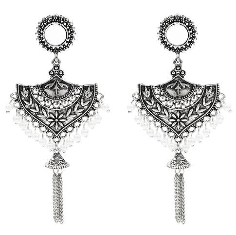 Egypt Vintage Silver Alloy Jhumka Bells Beads Tassel Statement Earrings