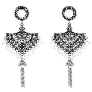 Egypt Vintage Silver Alloy Jhumka Bells Beads Tassel Statement Earrings