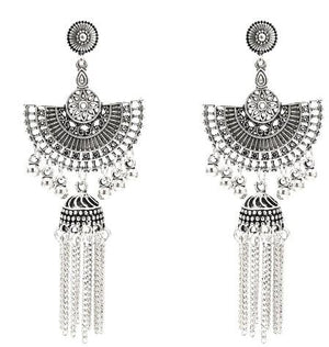 Egypt Vintage Silver Alloy Jhumka Bells Beads Tassel Statement Earrings