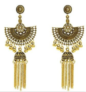 Egypt Vintage Silver Alloy Jhumka Bells Beads Tassel Statement Earrings