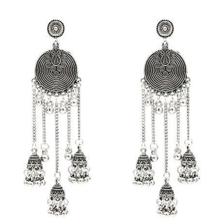 Egypt Vintage Silver Alloy Jhumka Bells Beads Tassel Statement Earrings