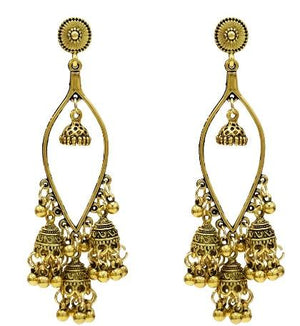 Egypt Vintage Silver Alloy Jhumka Bells Beads Tassel Statement Earrings