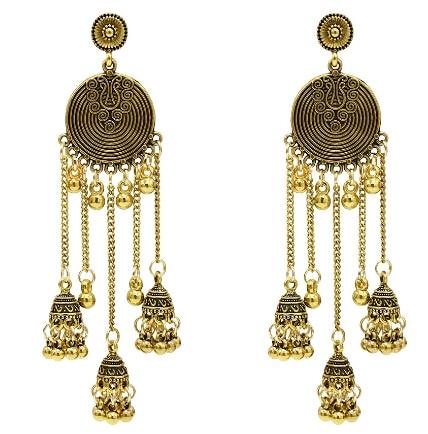 Egypt Vintage Silver Alloy Jhumka Bells Beads Tassel Statement Earrings