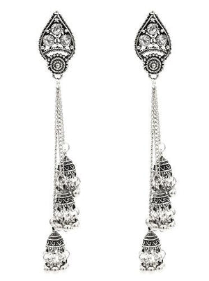 Egypt Vintage Silver Alloy Jhumka Bells Beads Tassel Statement Earrings