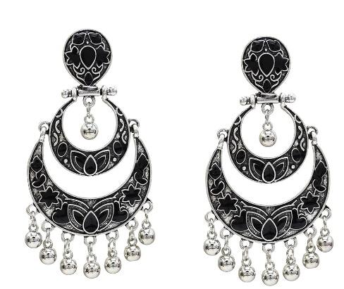 Egypt Vintage Silver Alloy Jhumka Bells Beads Tassel Statement Earrings