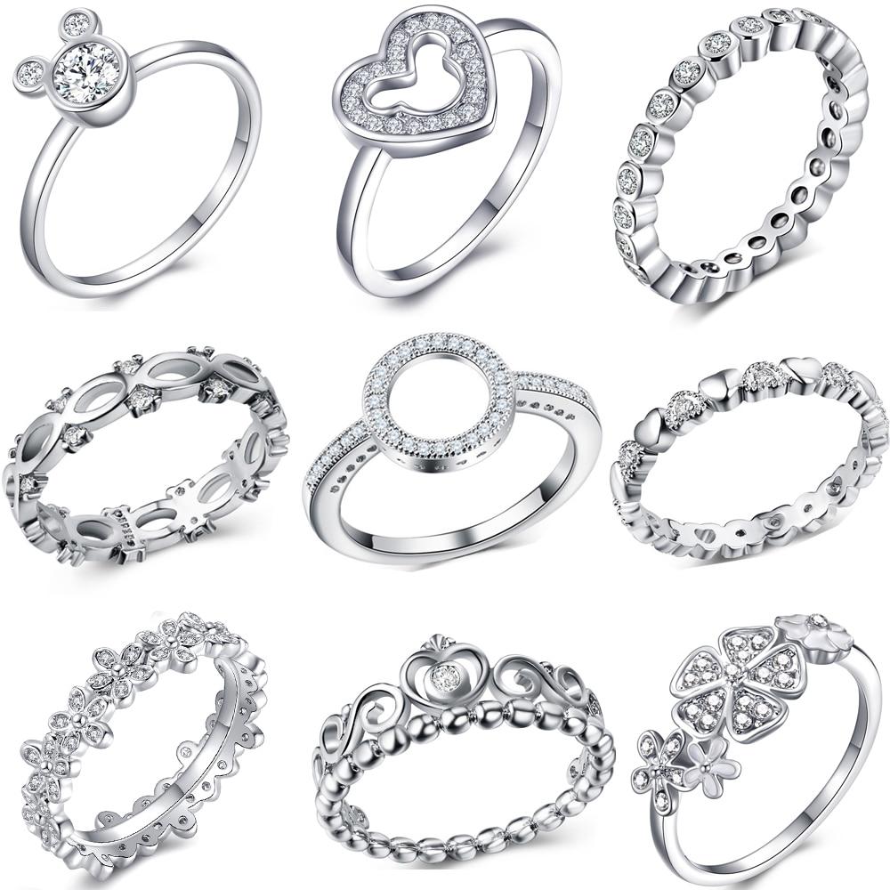 Fashion Crystal Silver Color Ring For Women Flower Love Heart Crown Finger Rings