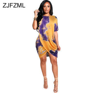 Tie Dye Print Sexy Mini Dress Women Short Sleeve Pleated Asymmetric Wrap Dress Elegant Ladies Causal Short Tshirt Dress Vestidos