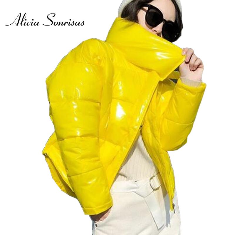 2019 Glossy Winter Down Cotton Padded Jacket For Women Thick Bright Black Short Shiny Jacket Yellow Red Cotton Parkas AS809