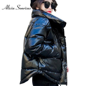 2019 Glossy Winter Down Cotton Padded Jacket For Women Thick Bright Black Short Shiny Jacket Yellow Red Cotton Parkas AS809