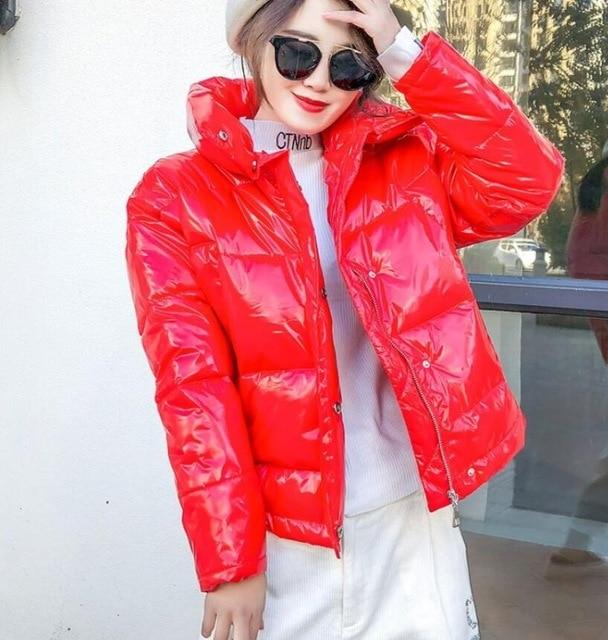 2019 Glossy Winter Down Cotton Padded Jacket For Women Thick Bright Black Short Shiny Jacket Yellow Red Cotton Parkas AS809