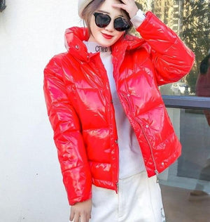 2019 Glossy Winter Down Cotton Padded Jacket For Women Thick Bright Black Short Shiny Jacket Yellow Red Cotton Parkas AS809