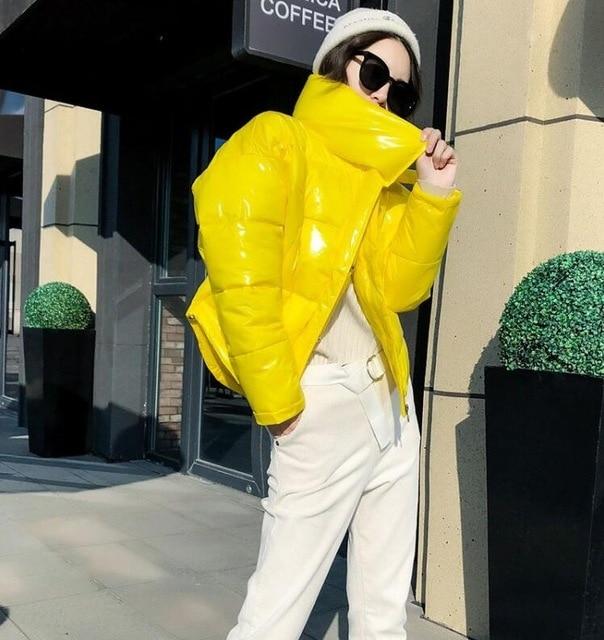 2019 Glossy Winter Down Cotton Padded Jacket For Women Thick Bright Black Short Shiny Jacket Yellow Red Cotton Parkas AS809