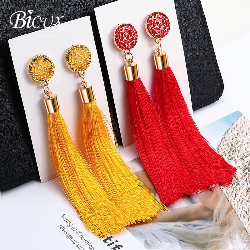 BICUX Fashion Bohemian Tassel Crystal Long Earrings