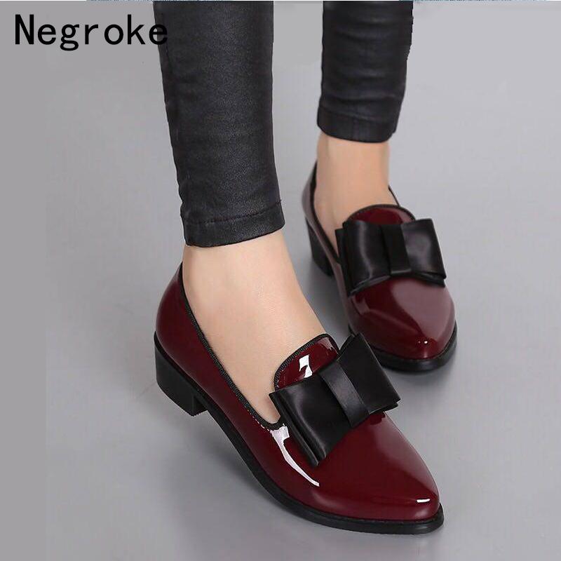 New Women Pumps Fashion Bowknot Shiny Patent Leather Block Chunky Low Heels