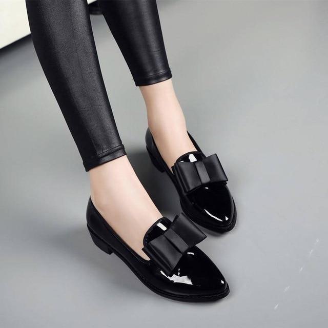 New Women Pumps Fashion Bowknot Shiny Patent Leather Block Chunky Low Heels