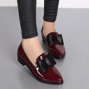 New Women Pumps Fashion Bowknot Shiny Patent Leather Block Chunky Low Heels