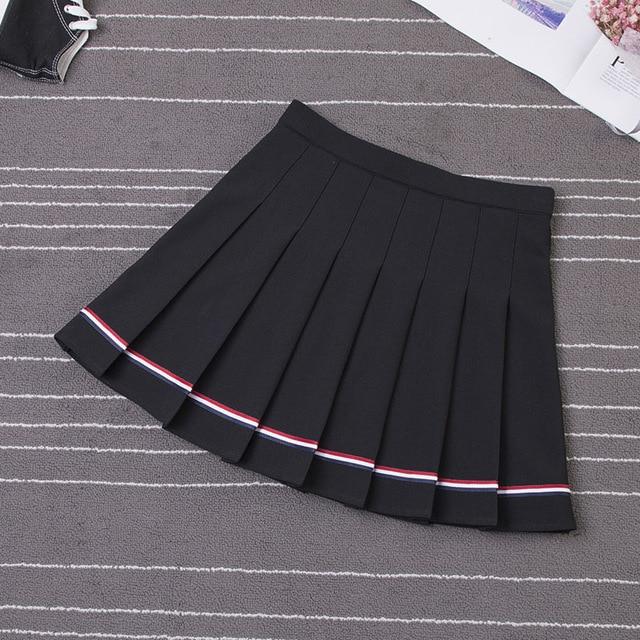 XS-XXL Four Colors High Waist A-Line Women Skirt Striped Stitching Sailor Pleated Skirt Elastic Waist Sweet Girls Dance Skirt