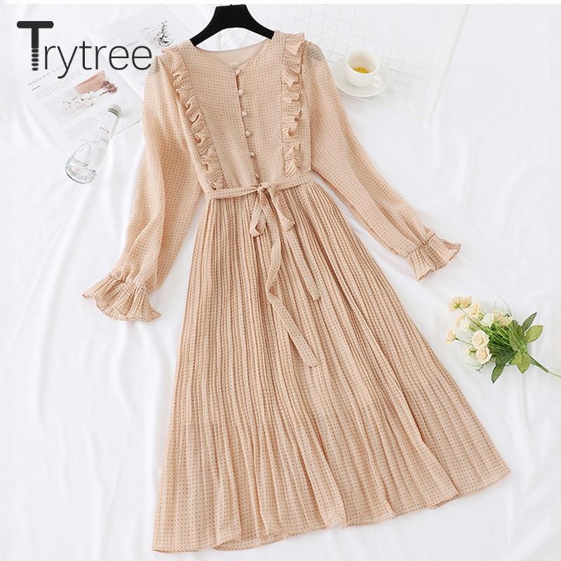 Trytree 2019 Autumn Dress Vintage Dot Ruffles women Butterfly Sleeve Shirt Dresses Belt Mid-calf Empire A-line Pleated Hem Dress