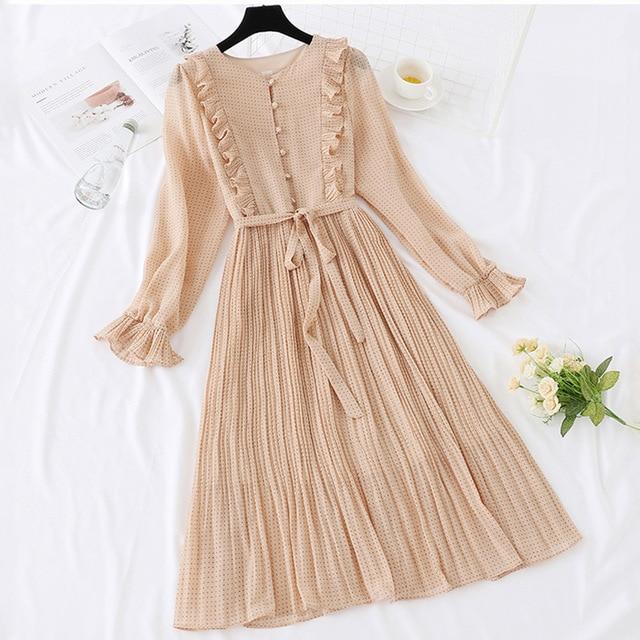 Trytree 2019 Autumn Dress Vintage Dot Ruffles women Butterfly Sleeve Shirt Dresses Belt Mid-calf Empire A-line Pleated Hem Dress