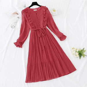 Trytree 2019 Autumn Dress Vintage Dot Ruffles women Butterfly Sleeve Shirt Dresses Belt Mid-calf Empire A-line Pleated Hem Dress