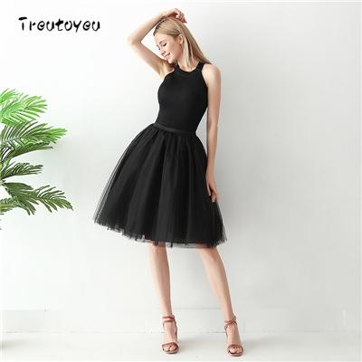 5 Layers 65cm Black Pleated skirt Sexy Midi Tulle skirt High Waist Full Lining Adult Tutu Korean Style Women