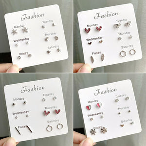 Women Heart Star Mini Earrings Set Fashion Girl Small Jewelry Square Leaf Pearl 6-pairs