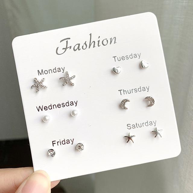 Women Heart Star Mini Earrings Set Fashion Girl Small Jewelry Square Leaf Pearl 6-pairs