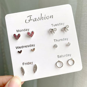 Women Heart Star Mini Earrings Set Fashion Girl Small Jewelry Square Leaf Pearl 6-pairs