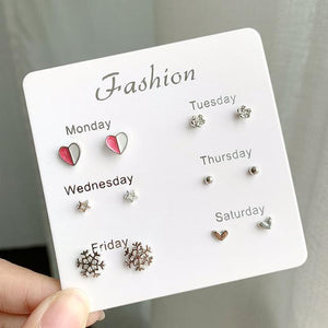 Women Heart Star Mini Earrings Set Fashion Girl Small Jewelry Square Leaf Pearl 6-pairs