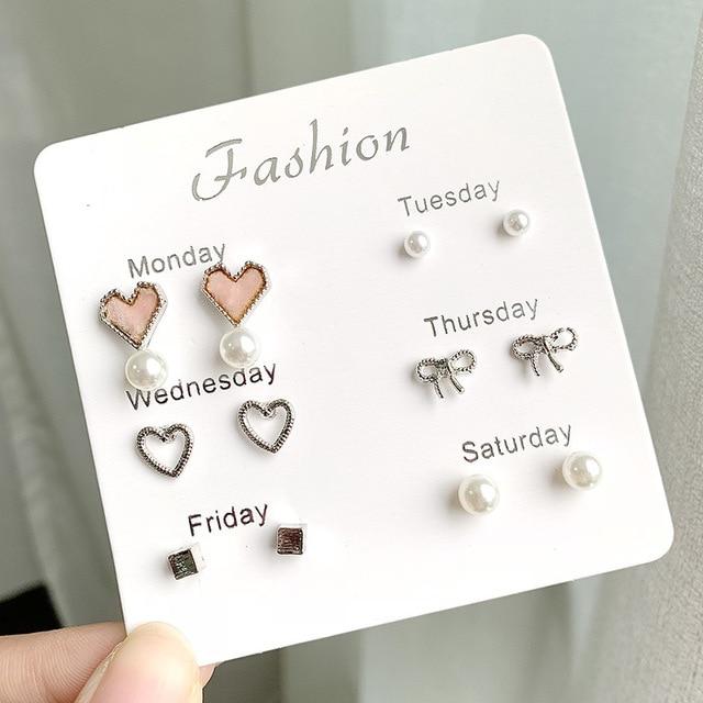 Women Heart Star Mini Earrings Set Fashion Girl Small Jewelry Square Leaf Pearl 6-pairs