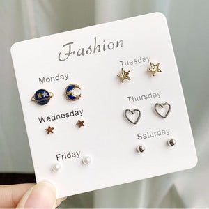 Women Heart Star Mini Earrings Set Fashion Girl Small Jewelry Square Leaf Pearl 6-pairs