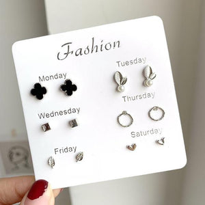 Women Heart Star Mini Earrings Set Fashion Girl Small Jewelry Square Leaf Pearl 6-pairs