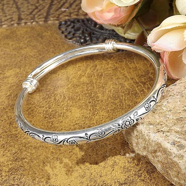 Vintage Retro Silver Bangles Women Classic Handmade Tibetan Silver Carved Plum Cuff Bracelet