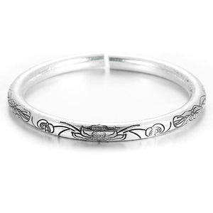 Vintage Retro Silver Bangles Women Classic Handmade Tibetan Silver Carved Plum Cuff Bracelet