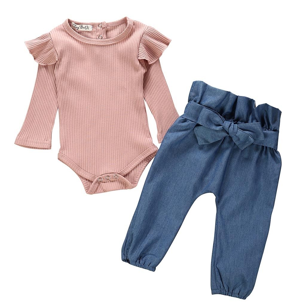 Autumn New Baby Girl Sets Clothes Outfit Solid Long Short Romper Bodysuit