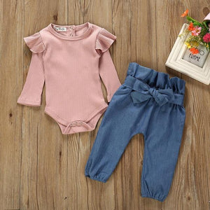 Autumn New Baby Girl Sets Clothes Outfit Solid Long Short Romper Bodysuit