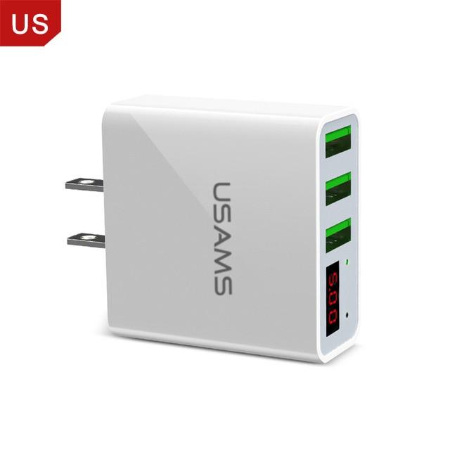 USAMS 3 Port USB Phone Charger LED Display EU Plug Total Max 3A Smart Fast Charger Mobile Wall Charger for iPhone iPad Samsung