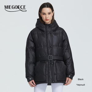 MIEGOFCE 2019 New Winter Women's Jacket High Quality Bright Colors Insulated Puffy Coat collar hooded Parka Loose Cut With Belt