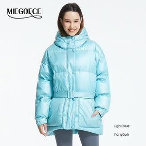 MIEGOFCE 2019 New Winter Women's Jacket High Quality Bright Colors Insulated Puffy Coat collar hooded Parka Loose Cut With Belt