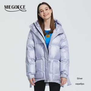 MIEGOFCE 2019 New Winter Women's Jacket High Quality Bright Colors Insulated Puffy Coat collar hooded Parka Loose Cut With Belt