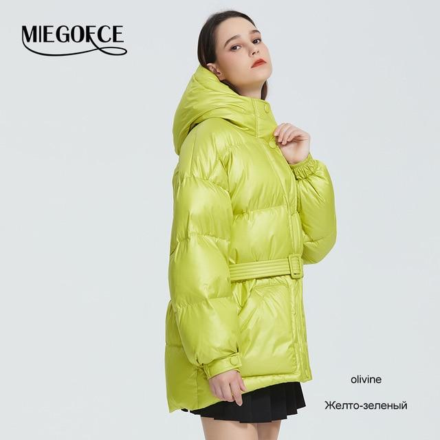 MIEGOFCE 2019 New Winter Women's Jacket High Quality Bright Colors Insulated Puffy Coat collar hooded Parka Loose Cut With Belt