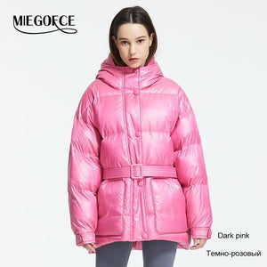 MIEGOFCE 2019 New Winter Women's Jacket High Quality Bright Colors Insulated Puffy Coat collar hooded Parka Loose Cut With Belt