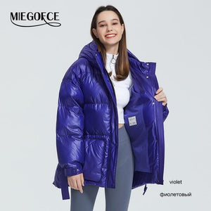 MIEGOFCE 2019 New Winter Women's Jacket High Quality Bright Colors Insulated Puffy Coat collar hooded Parka Loose Cut With Belt