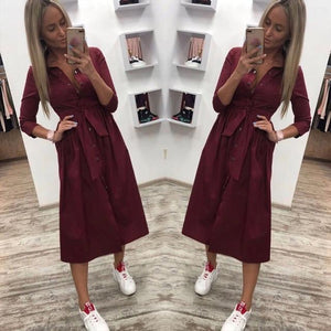 Women Casual Sashes a Line Party Dress Ladies Button Turn Down Collar OL Style Shirt Dress 2019 Summer Solid Knee Dress