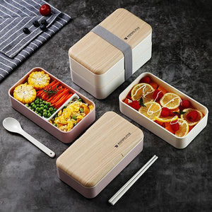 TUUTH Microwave Double Layer Lunch Box 1200ml Wooden Feeling Salad Bento Box BPA Free Portable Container Box Workers Student