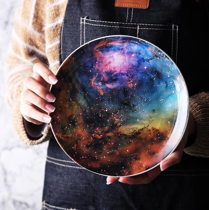 8 inch Nordic Night Sky Star Aurora Ceramic Dinner Dish Plate Decorative Dish Salad Dessert Snack Dish Food Container Crockery