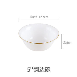 White Dinner Plate Bowl Dinnerware Set with Glod Rim Porcelain Soup Noodle Salad Bowl Fish Plate Spoon Glass Tableware Crockery